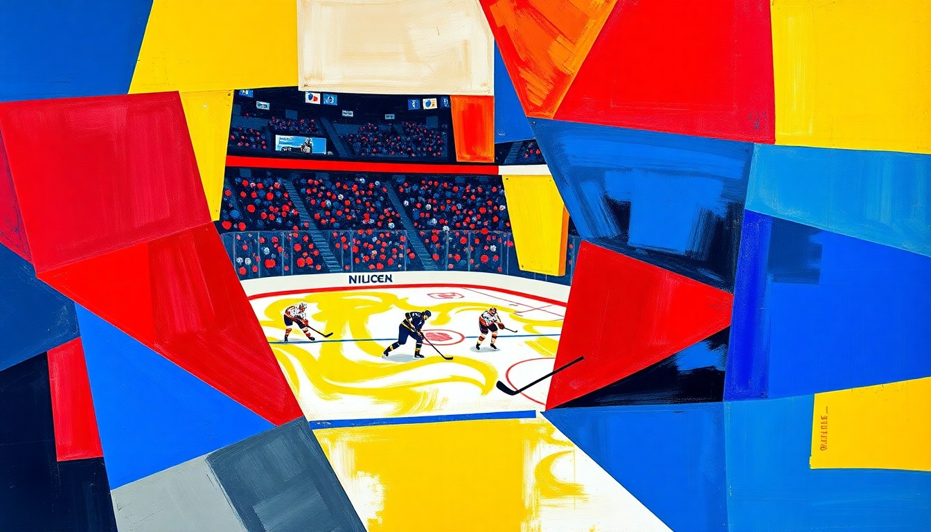 A fractured, cubist-style painting depicting an NHL hockey game, with the players and ice rink broken down into sharp, overlapping geometric shapes in a vibrant color palette of blues, reds, and yellows, capturing the chaotic and shifting nature of the late-season standings.