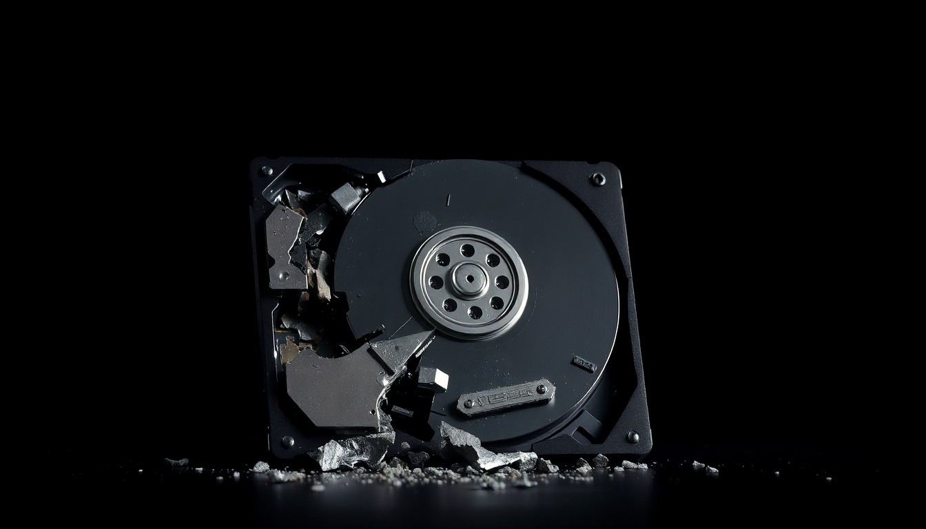 An extreme close-up photograph of a shattered computer hard drive component against a pitch-black background, conceptually illustrating the disturbing discovery of child pornography on the device.