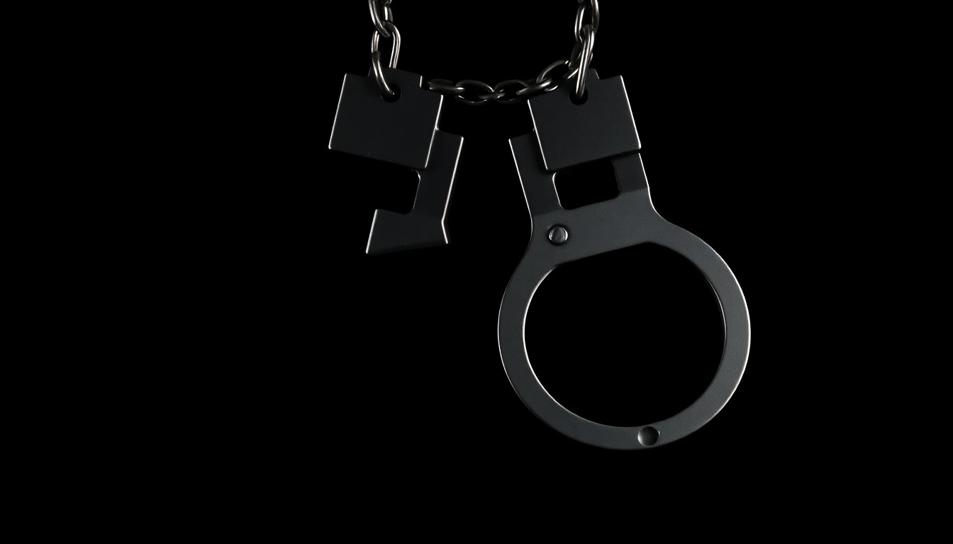 An extreme close-up photograph of a pair of handcuffs against a stark, black background, capturing the gritty, investigative nature of the story.