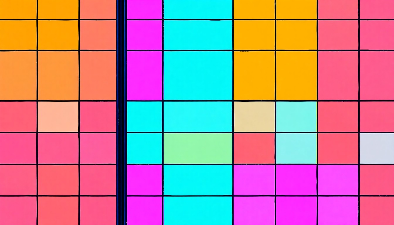 A high-contrast, silkscreen-style illustration featuring a repeating grid of a single, iconic shower enclosure object, such as a glass panel or metal frame, in vibrant neon colors and heavy black outlines, conceptually representing the customization of bathroom fixtures.