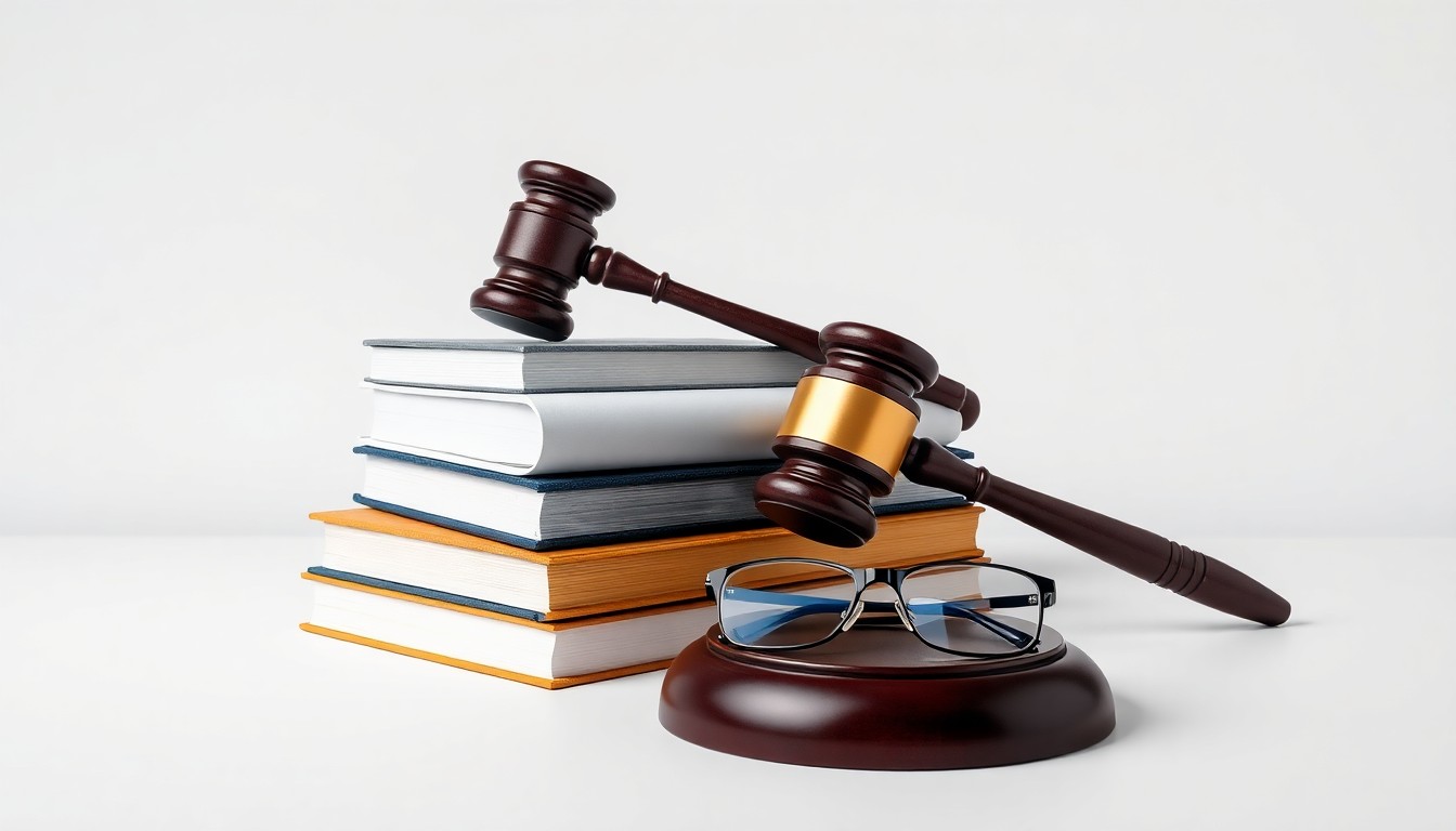 A minimalist, photorealistic studio still-life featuring a stack of law books, a gavel, and a pair of reading glasses, symbolizing the legal expertise and client-focused approach of the rebranded CGH Injury Lawyers firm.