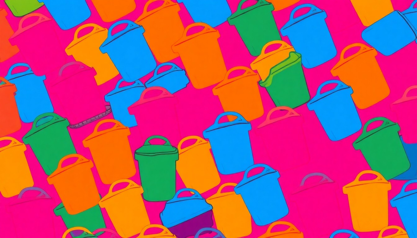 A bold, colorful silkscreen-style illustration featuring a repeating pattern of stylized trash cans in vibrant neon hues, conceptually representing the convenience of a reliable weekly waste collection service.