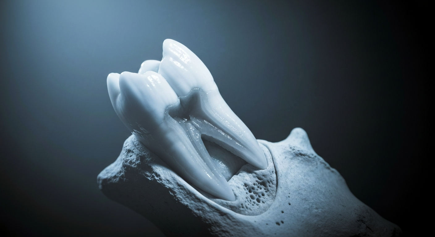 A translucent, ghostly X-ray image of a human tooth glowing against a dark background, revealing its internal structures and emphasizing the need for quality dental services.