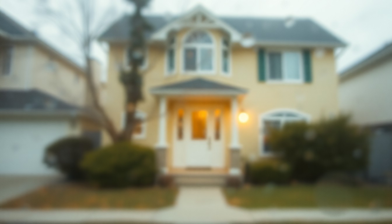 An abstract, out-of-focus scene of a residential home exterior, with warm-toned colors and water droplets on the surface, conceptually representing the environmental factors driving increased mold growth in the Dallas region.