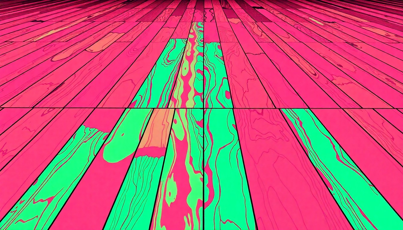 A brightly colored, high-contrast silkscreen-style illustration of a single hardwood flooring plank repeated in a grid pattern, conceptually representing the expert guidance available for selecting durable coastal hardwood options.