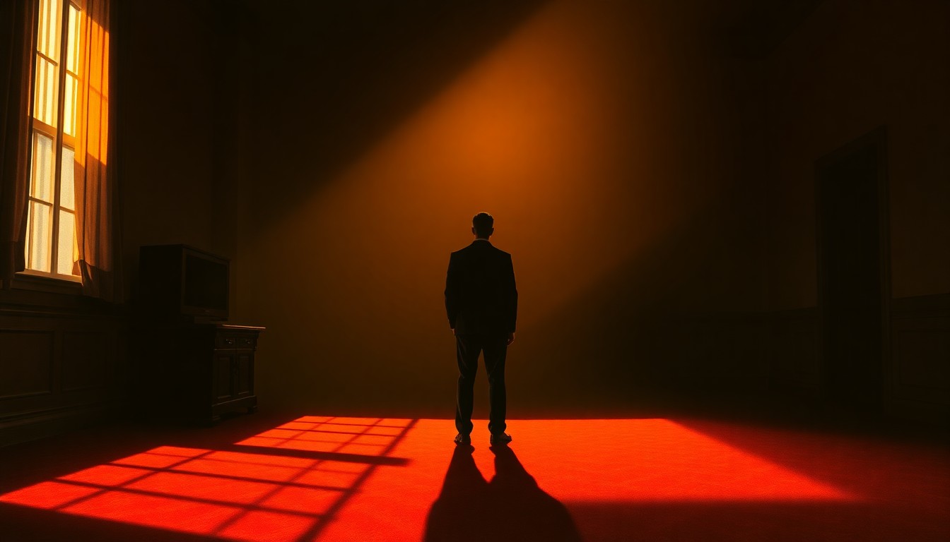 A cinematic painting depicting a lone political figure standing in a dimly lit government office, the scene bathed in warm, diagonal sunlight and deep shadows, capturing the contemplative mood of the high-stakes Congressional campaign.