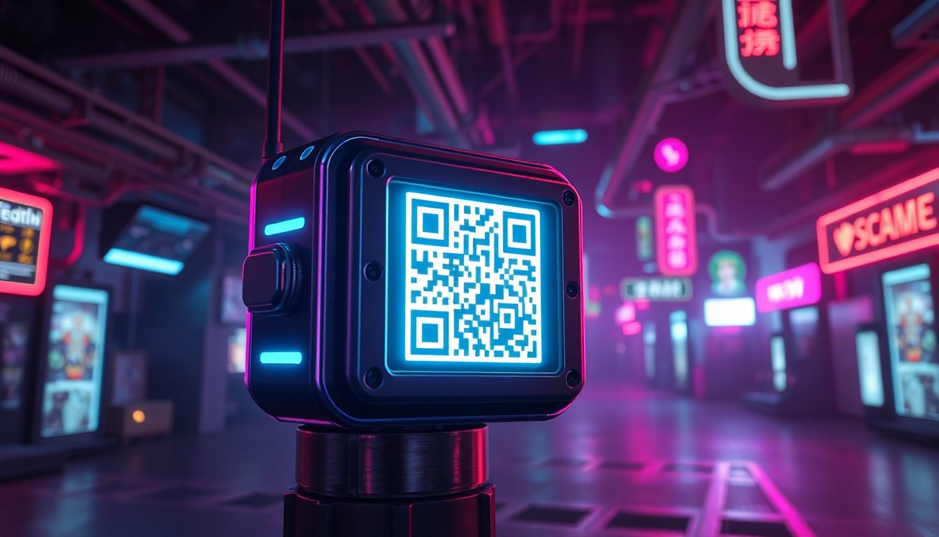 A highly detailed 3D illustration of a glowing QR code scanner device against a dark, moody background of neon-lit cyberpunk infrastructure, conceptually representing the high-tech nature of a scam targeting drivers with fake traffic violation notices.