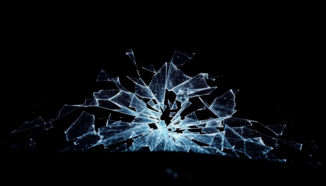 An extreme close-up of a shattered car windshield reflecting a harsh, direct camera flash, conceptually illustrating the violence and trauma of this domestic crime.