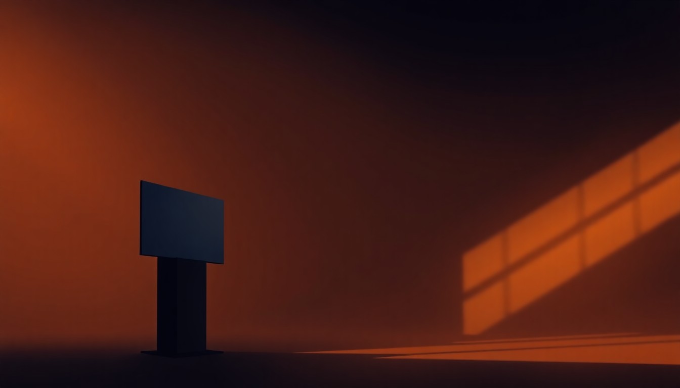 A serene, cinematic painting of a lone political campaign sign or podium set against a dimly lit urban backdrop, with warm sunlight casting dramatic shadows across the scene, conveying a sense of anticipation and uncertainty around the upcoming election.