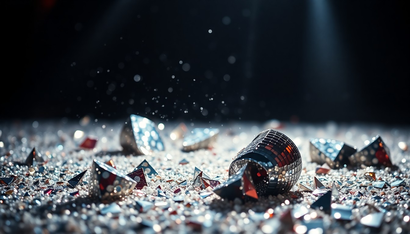 An extreme close-up of shimmering sequins and shattered glass reflecting dramatic studio lighting, evoking the glitz and excitement of a major awards show.
