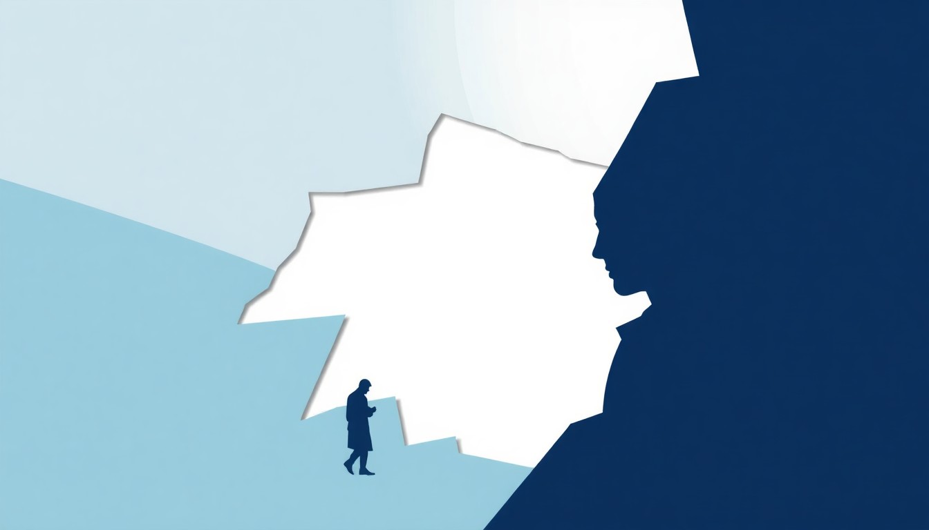 An abstract, minimalist illustration featuring sharp, angular shapes in shades of blue, grey, and white, conceptually representing the evolution of the TV series 'Shrinking' while maintaining its core cast of characters.