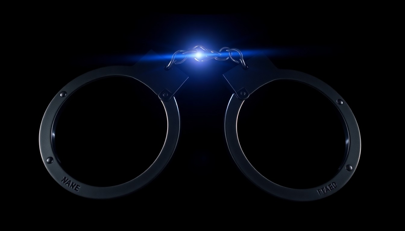 An extreme close-up photograph of a pair of metal handcuffs against a completely black background, the harsh lighting creating dramatic shadows and textures that convey a sense of gravity and law enforcement action.