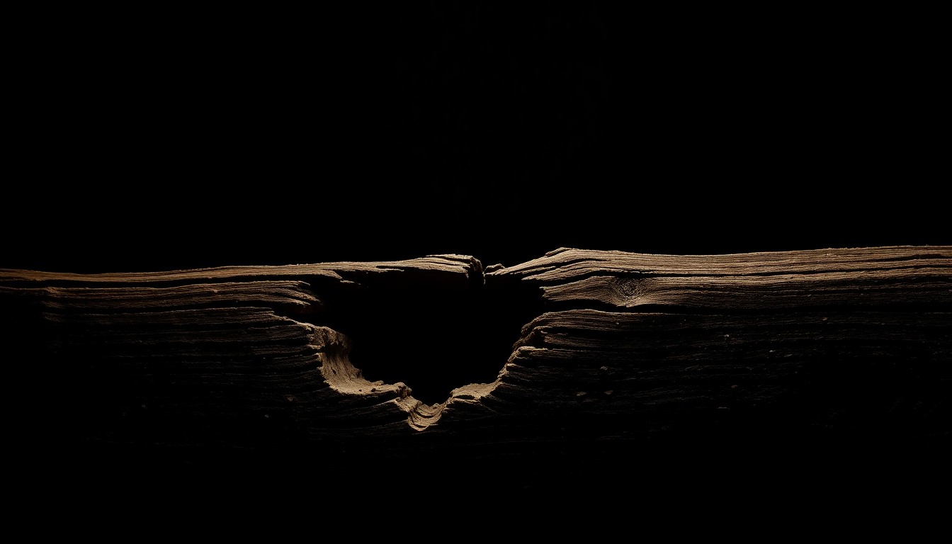 An extreme close-up photograph of a broken wooden plank against a pitch-black background, lit by a harsh, direct camera flash, conceptually representing the violent instrument used in a tragic crime.