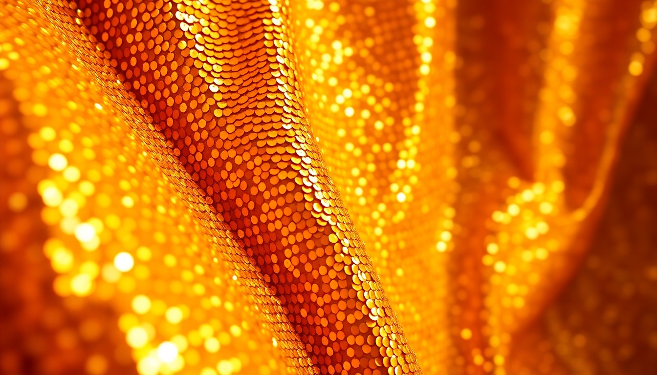 An abstract, high-contrast close-up photograph of a shimmering, sequined fabric in warm, vibrant colors, capturing the glamour and energy of a live music performance.