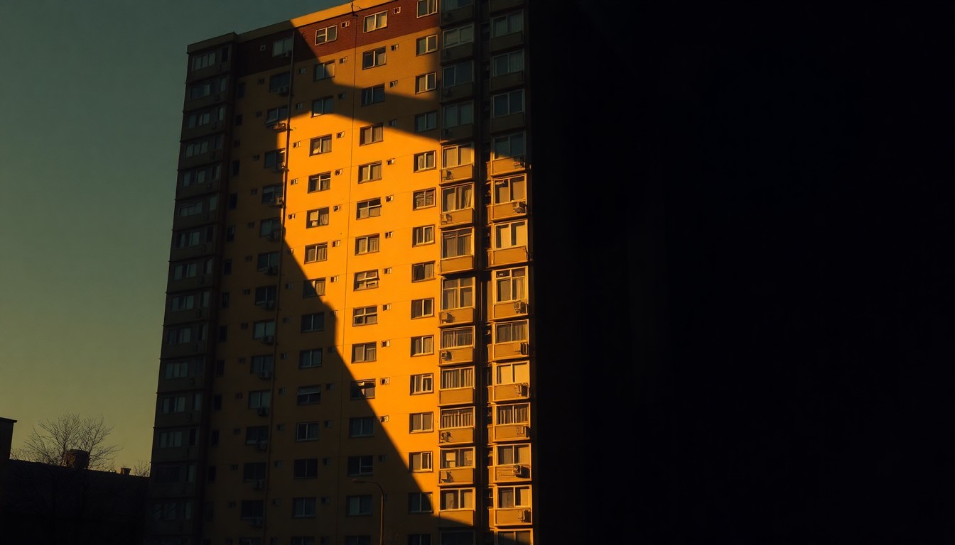A cinematic painting of a tall, urban public housing high-rise building in warm sunlight and deep shadows, conveying a sense of solitude and the precariousness of affordable housing in the city.