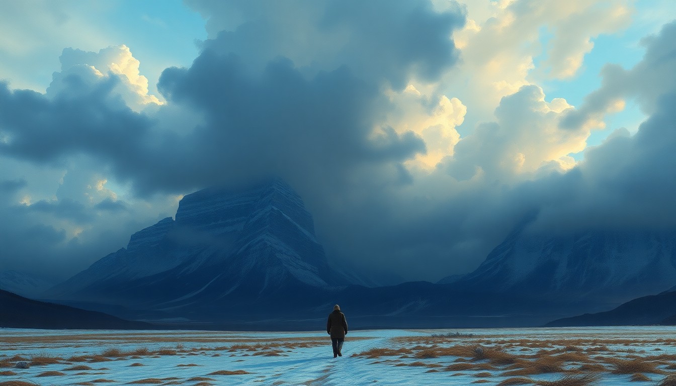 A vast, atmospheric landscape painting in muted tones of gray and blue, with a lone figure bundled up against the cold walking towards a small building in the distance, representing the solitary experience of voting on a chilly Election Day.