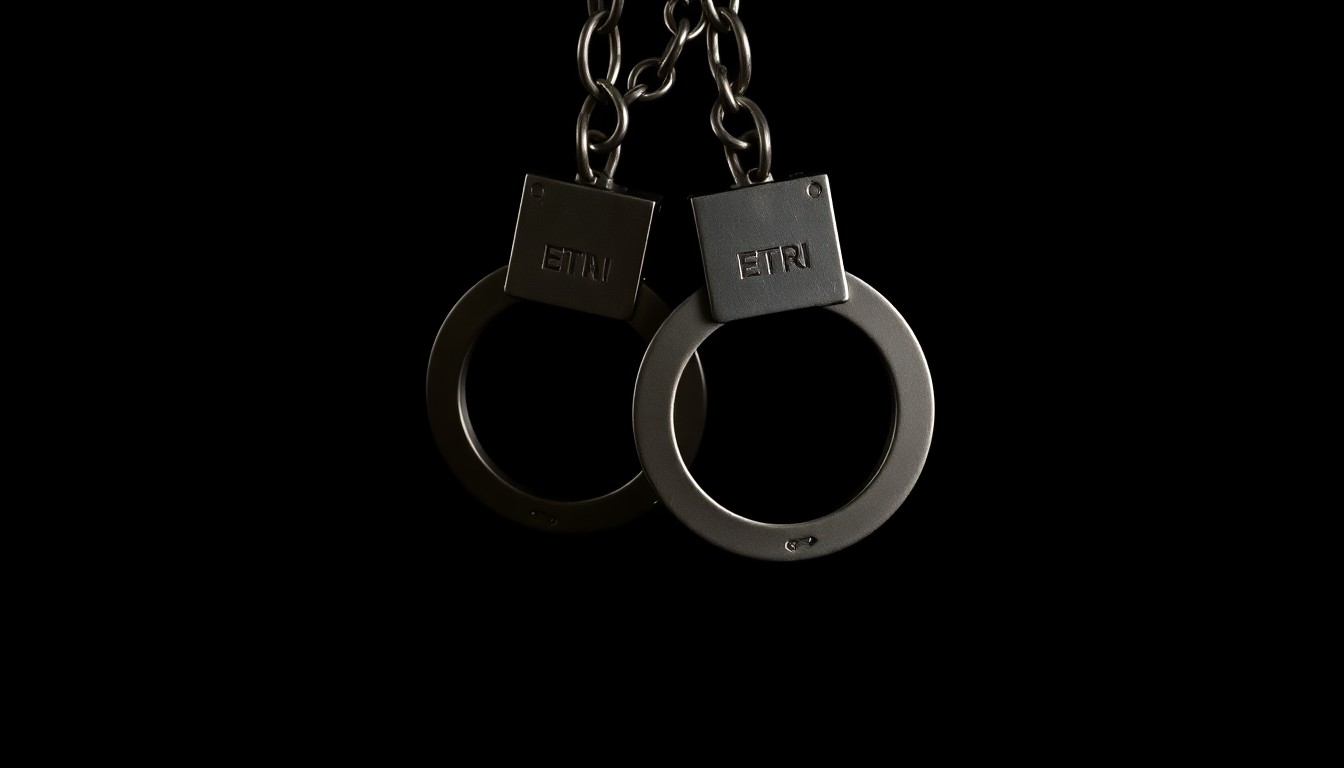 An extreme close-up photograph of a pair of metal handcuffs against a stark black background, creating a gritty, investigative aesthetic through the use of harsh, direct flash lighting.