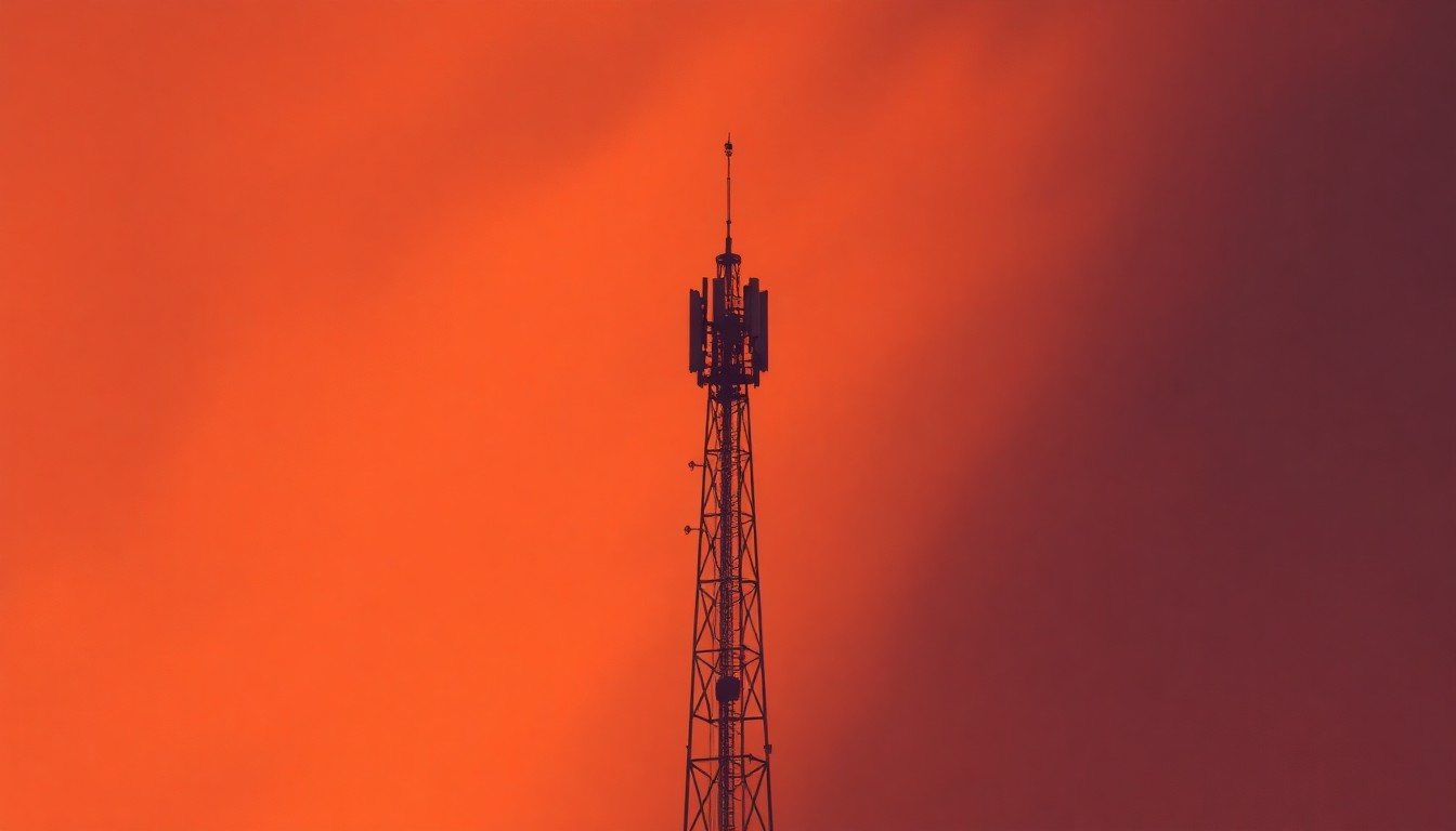 A serene, photorealistic painting of a solitary radio tower or communications equipment standing tall against a backdrop of warm, golden sunlight and deep shadows, conveying a sense of civic infrastructure and public service.