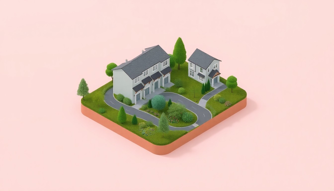 A miniature, stylized 3D illustration of a townhome development with three-story buildings, lush landscaping, and a winding road, representing a new project in Cupertino that is part of the city's efforts to meet state housing goals.