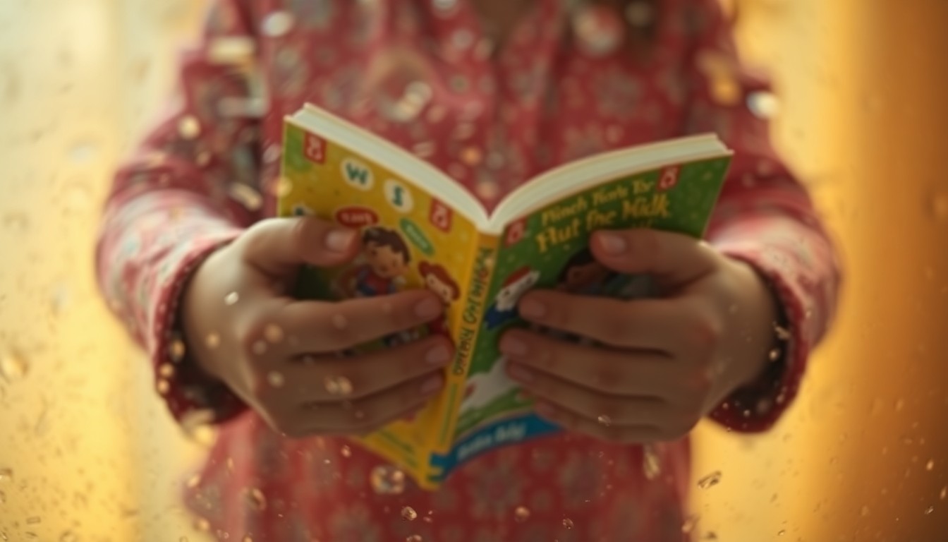An abstract, blurred image of a child's hands holding a colorful children's book, with the book and hands softly illuminated in a warm, hazy glow.