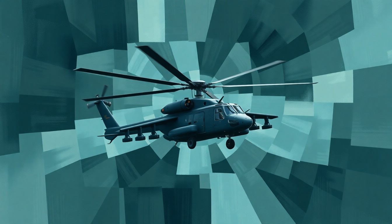 A dynamic, abstract painting depicting the fractured silhouette of a military helicopter in flight, with overlapping geometric shapes and brushstrokes in shades of gray, blue, and green, conveying the sense of a high-stakes rescue mission in hostile territory.