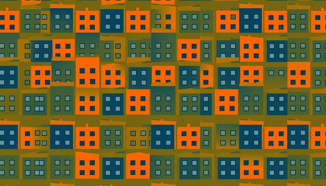 A bold, graphic illustration of a stylized apartment building icon repeated in a grid pattern, using a vibrant color palette of deep indigo, burnt orange, and olive green to represent the affordable housing proposal for the old Durham police headquarters site.