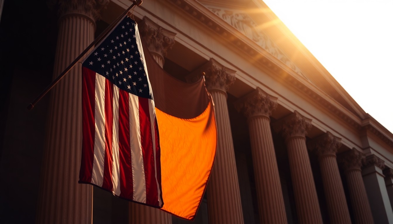 A cinematic painting of a solitary, weathered American flag hanging limply from a government building, bathed in warm, diagonal sunlight and deep shadows, conceptually representing the political tensions surrounding the January 6th investigation.