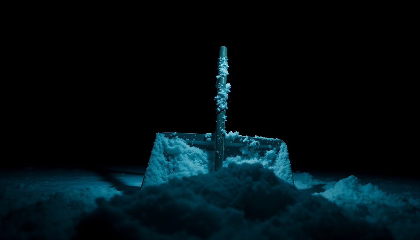An extreme close-up photograph of a snow shovel on the snowy ground, the harsh flash lighting creating a stark, gritty aesthetic that conceptually represents the investigative nature of this incident.