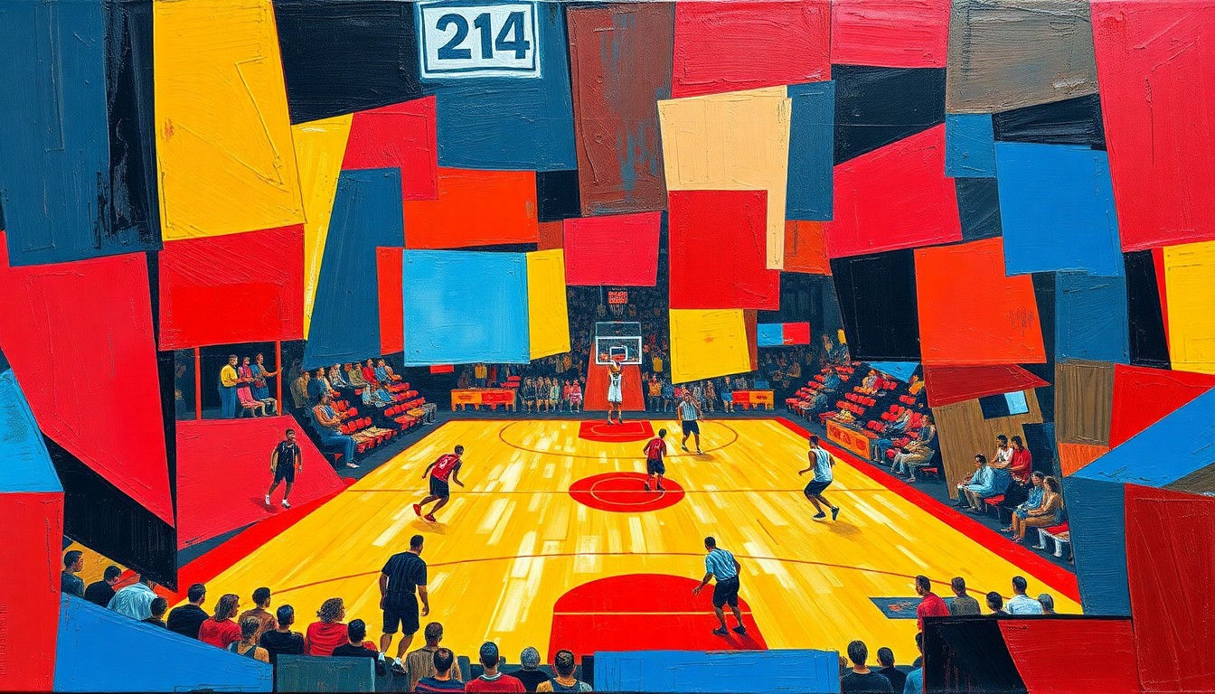 A cubist, geometric painting depicting a fragmented basketball game, with sharp planes of red, blue, and yellow colors overlapping to create a dynamic, abstract composition.