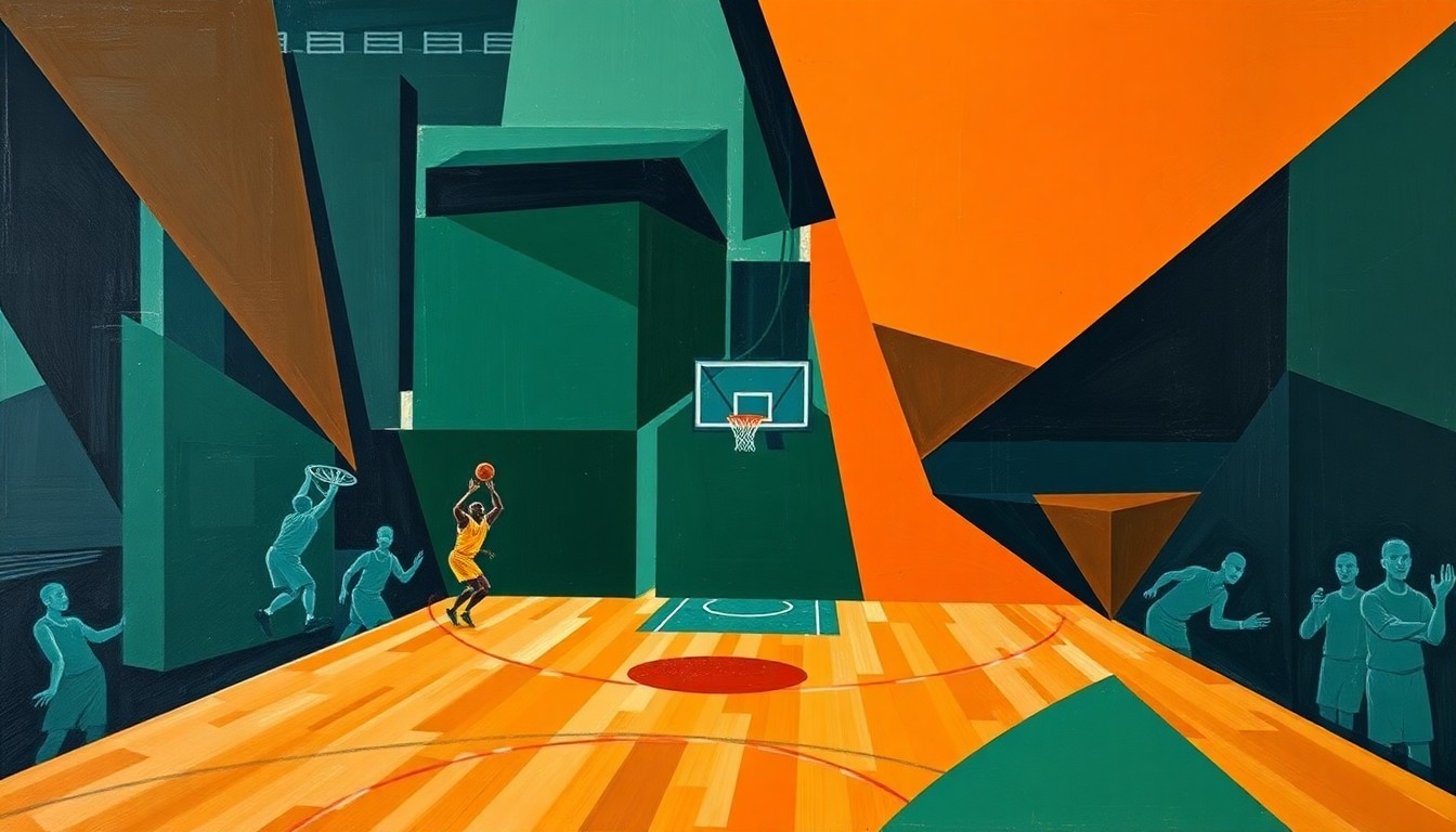 A cubist, geometric painting depicting a fragmented basketball game, with sharp planes of navy, green, and orange intersecting to create a dynamic, abstract composition.