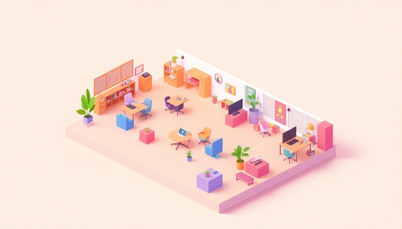 A vibrant, minimalist 3D illustration depicting a stylized startup office environment with geometric shapes and objects representing collaborative workspaces and meeting areas, conveying the energy and innovation of the Northern Michigan entrepreneurial community.