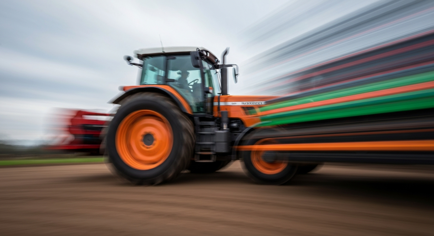 An abstract, colorful image created through a slow-shutter, panning camera technique, depicting a farm tractor in motion as blurred streaks of vibrant hues, conveying a sense of speed, energy, and modern engineering.