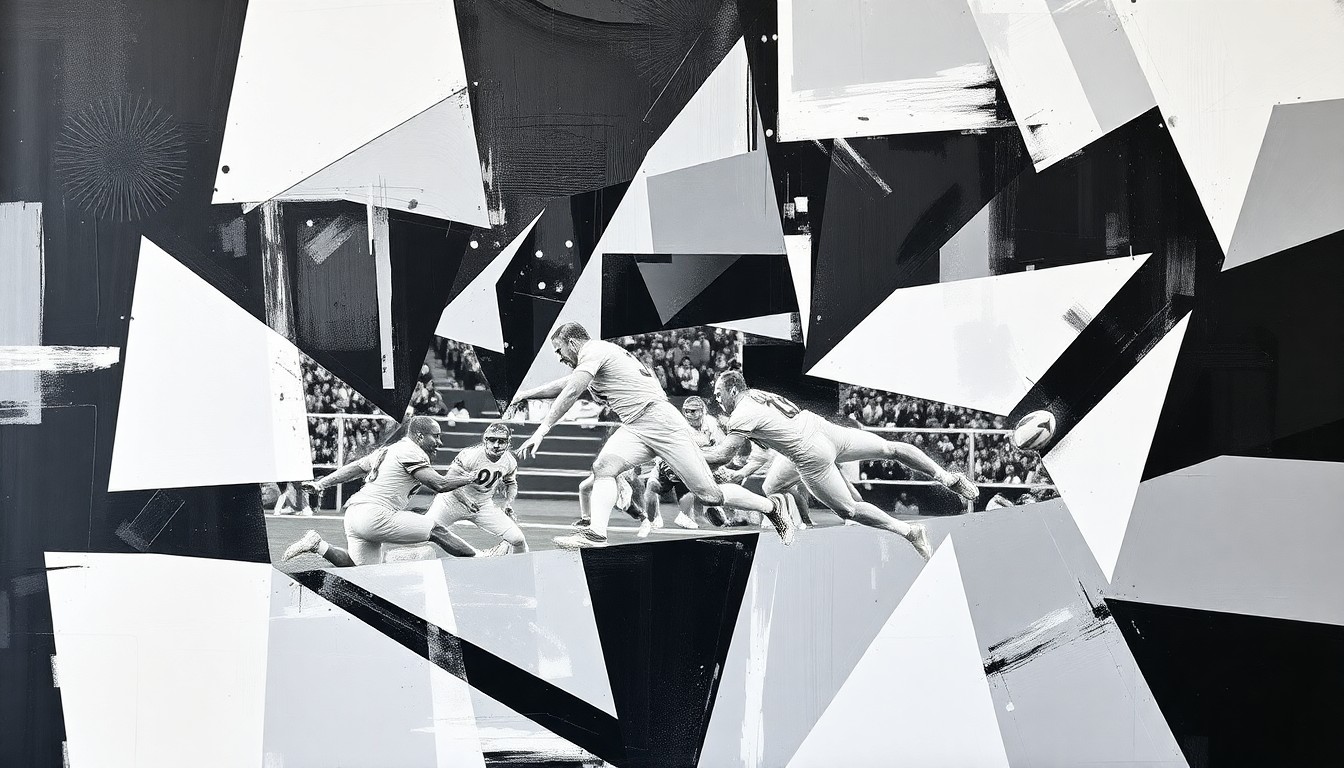 A fragmented, geometric painting depicting the dynamic action and energy of a football game, with sharp planes of black, white, and steel gray overlapping to create a sense of movement and intensity.