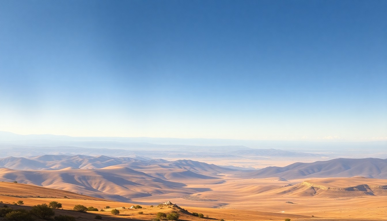 A sweeping, atmospheric landscape painting in muted tones of blue, green, and gold, depicting a vast, open sky dominating the rolling hills and sparse vegetation below, conveying the overwhelming scale and dry conditions of the natural environment.