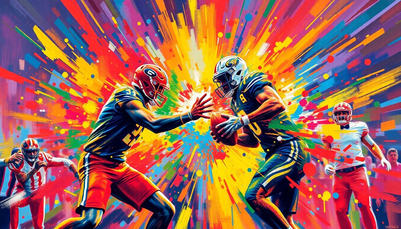 An abstract, expressionist painting in vibrant neon colors, with rapid brushstrokes and dissolving forms that convey the raw energy and excitement of a major sporting event.