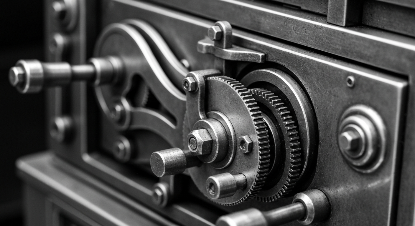 A high-contrast black and white close-up photograph of the intricate gears, levers, and mechanical components of an industrial banking machine, representing the institutional strength and financial security of James River's specialty insurance operations.