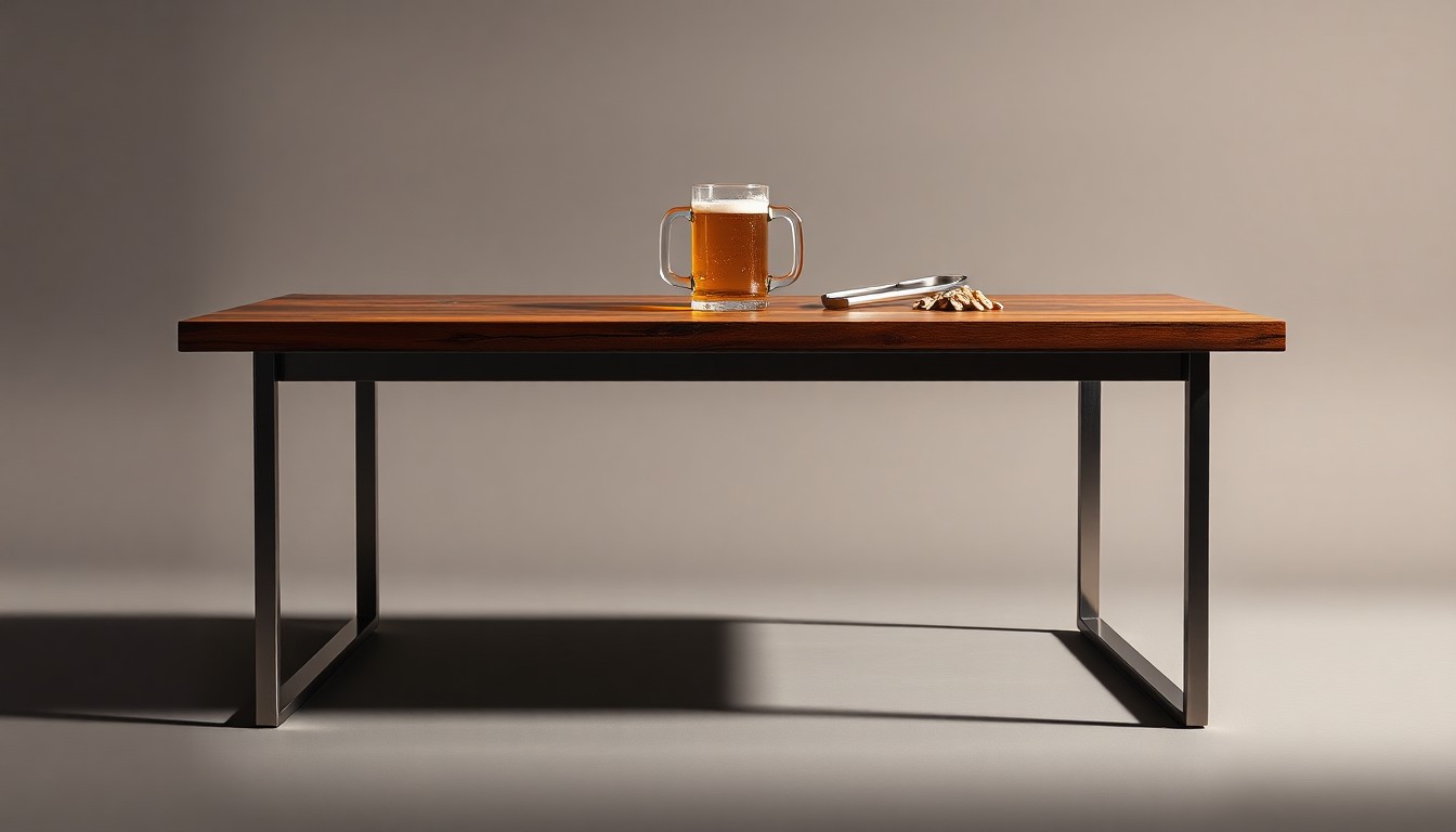A minimalist, high-end studio still life photograph featuring a polished wooden table with a glass beer stein, barbecue tongs, and wood chips, symbolizing the abstract concepts of corporate strategy and risk in the restaurant industry.