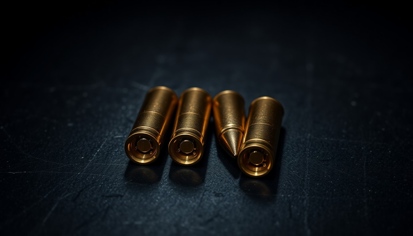 An extreme close-up photograph of four spent shell casings on a dark, textured surface, lit by a harsh, direct camera flash, conceptually illustrating the dangerous escalation of a property crime incident involving juveniles.