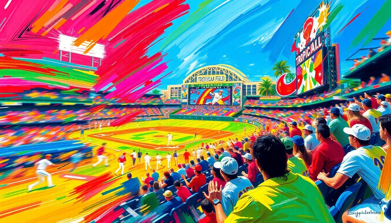 A vibrant, expressionist painting capturing the raw energy and excitement of a baseball game at Tropicana Field, with players and fans depicted in a blur of motion against the iconic stadium structure.