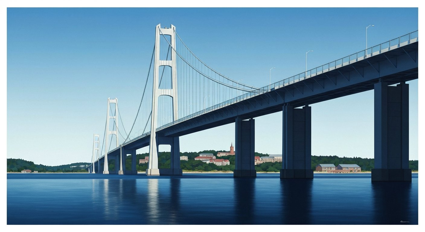 A highly stylized, geometric illustration depicting the grand, sweeping architecture of the Casco Bay Bridge in Portland, Maine, rendered in bold, airbrushed gradients of blue, gray, and white that capture the bridge's monumental scale and engineering.