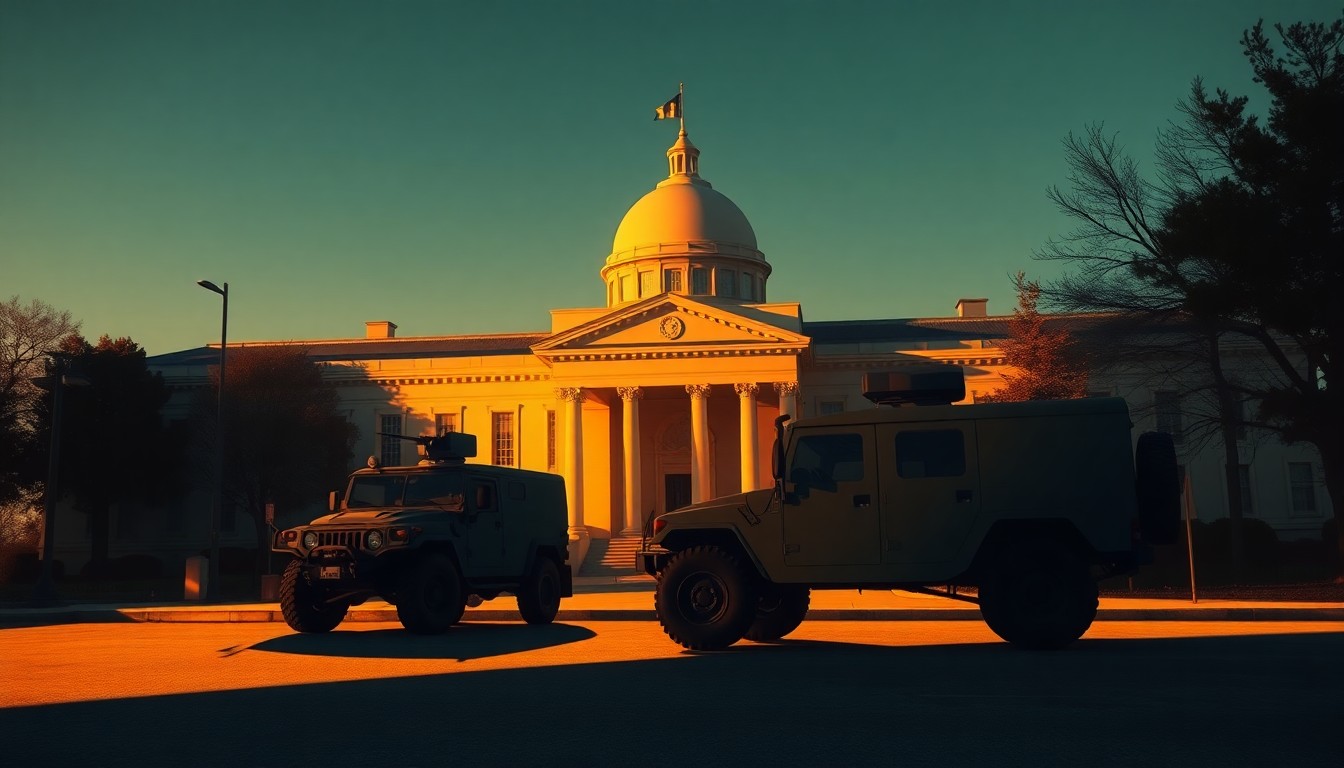 A photorealistic painting of a military vehicle parked outside a government building, with warm sunlight and deep shadows creating a somber, cinematic mood that reflects the serious implications of the story.