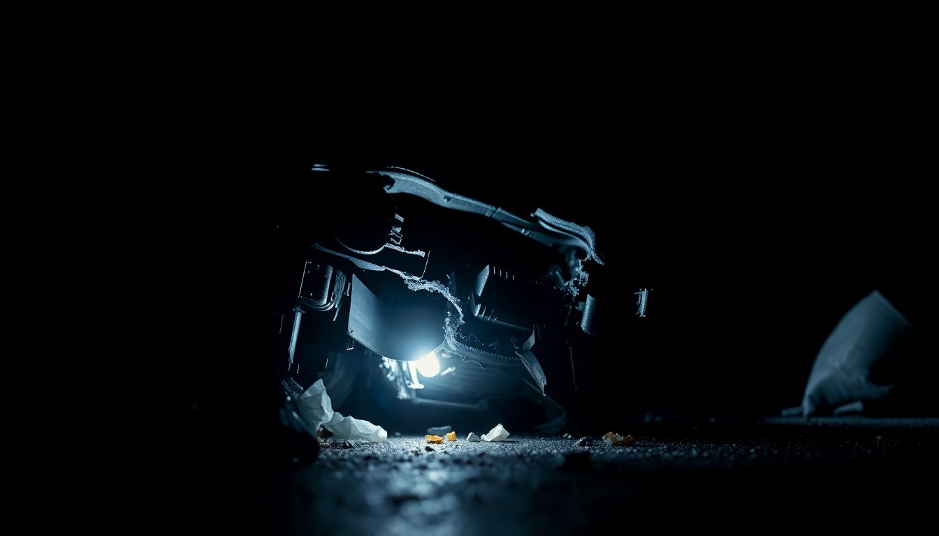 An extreme close-up photograph of a damaged, twisted car part or piece of debris from the scene of the incident, lit by a harsh, direct camera flash against a pitch-black background, conceptually illustrating the gritty aftermath of a police pursuit.