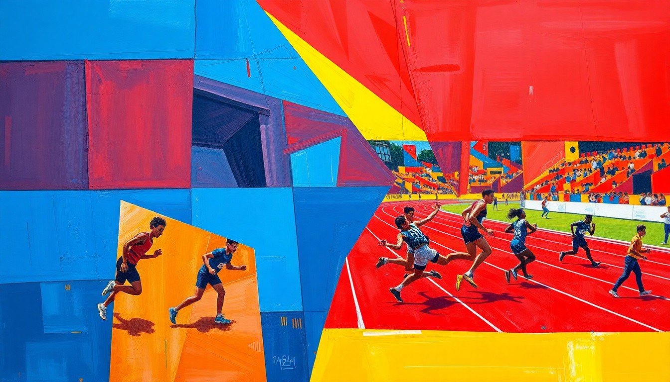 A fragmented, geometric painting in bold primary colors depicting the dynamic motion of a track and field event, with overlapping planes and shapes representing the various competitors and their movements.