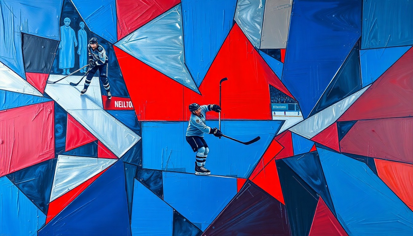A cubist, geometric painting depicting a fragmented hockey scene, with sharp planes of blue, red, and silver representing the chaotic state of the Maple Leafs' coaching and GM search.