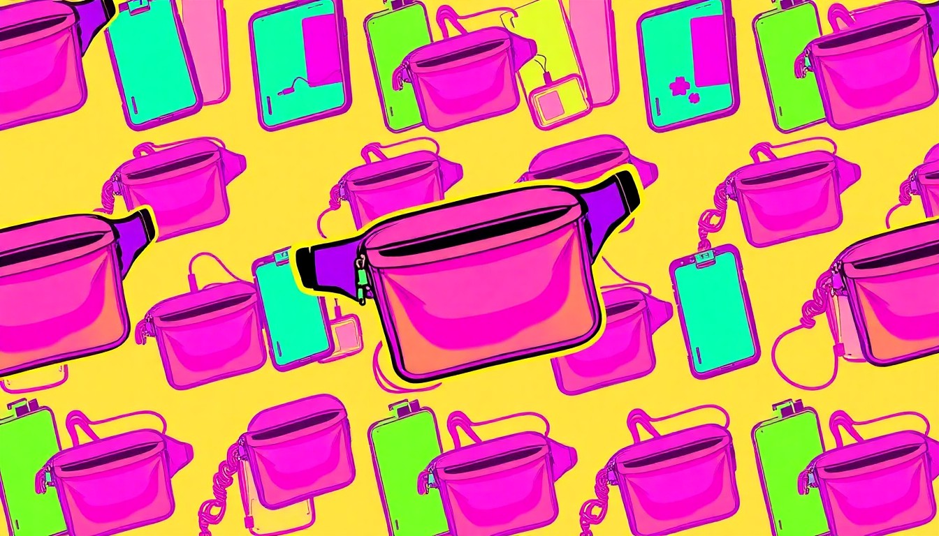 A high-contrast, silkscreen-style grid of a single, iconic Coachella festival item such as a fanny pack or portable charger, rendered in a bold, neon color palette with heavy black outlines, conceptually representing the popularity of practical last-minute festival essentials.