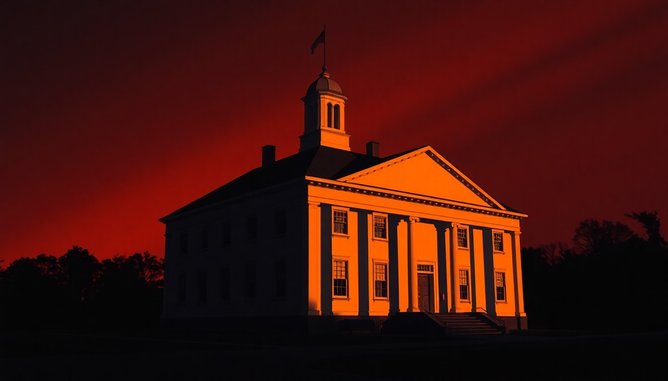 A serene, cinematic painting of the Maine State House in Augusta, with the building bathed in warm, diagonal sunlight and deep shadows, conveying a sense of quiet contemplation and the potential for change in the state's political landscape.