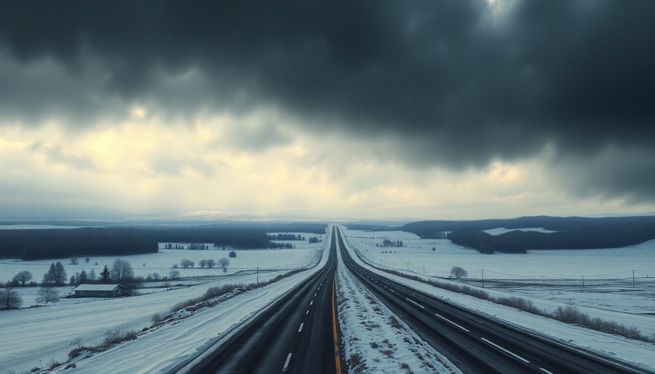 A sweeping, atmospheric landscape painting in muted tones of grey, white, and blue, depicting a snow-covered rural highway cutting through a vast, frozen expanse under a heavy, ominous sky, conveying the overwhelming power and indifference of the natural elements.