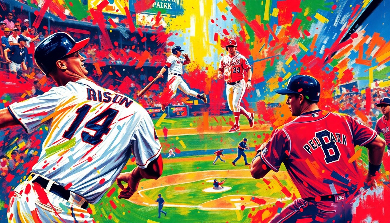 An abstract, energetic painting in the style of LeRoy Neiman, featuring bold brushstrokes and neon colors that capture the dynamic movement and intensity of a baseball game, with players' forms dissolving into vibrant splashes of paint.