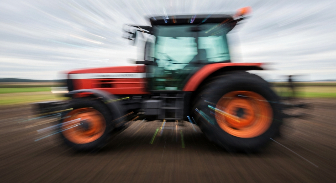 An abstract, colorful image created with a slow shutter speed and panning motion, depicting a farm tractor as sweeping, blurred streaks of vibrant hues, conveying the energy and momentum of the farm equipment industry.