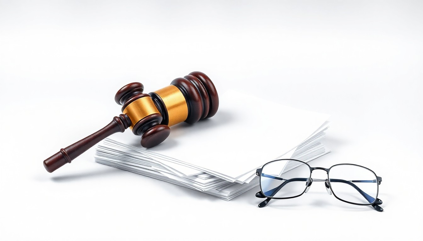 A photorealistic studio still life featuring a stack of legal documents, a gavel, and a pair of reading glasses arranged on a clean, monochromatic background, symbolizing the abstract concepts of corporate strategy, finance, and legal proceedings.
